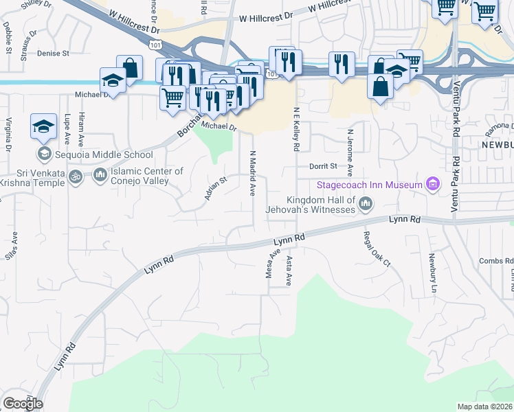 map of restaurants, bars, coffee shops, grocery stores, and more near 6 North Madrid Avenue in Thousand Oaks