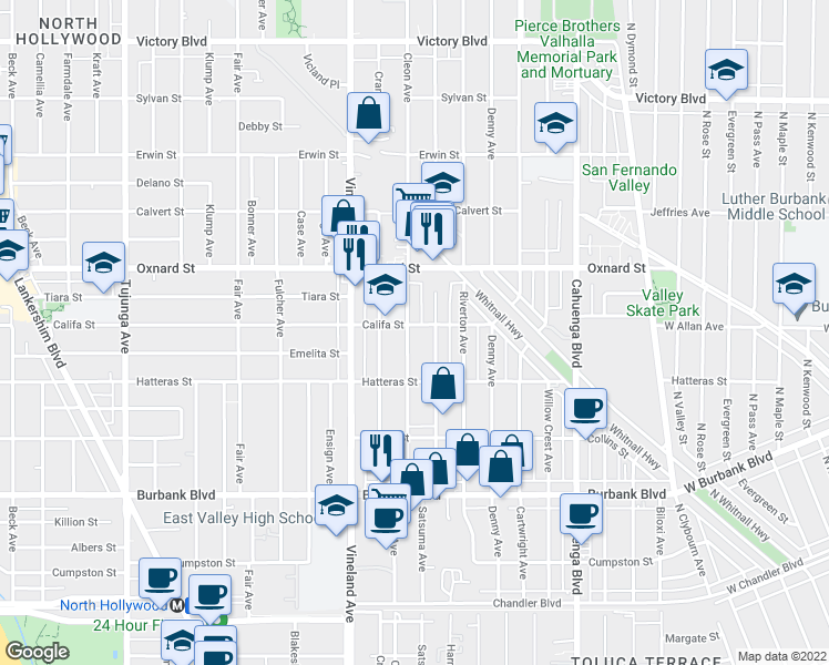 map of restaurants, bars, coffee shops, grocery stores, and more near 5856 Cleon Avenue in Los Angeles