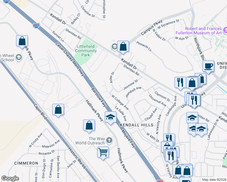 map of restaurants, bars, coffee shops, grocery stores, and more near 5394 Aster Street in San Bernardino