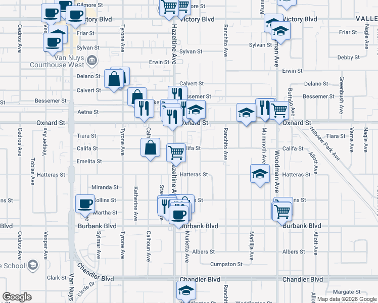 map of restaurants, bars, coffee shops, grocery stores, and more near 14024 Califa Street in Los Angeles