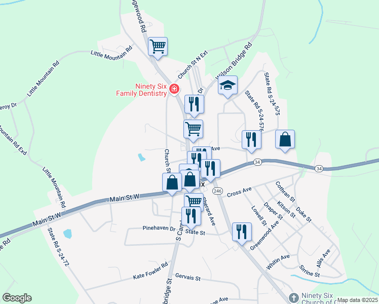 map of restaurants, bars, coffee shops, grocery stores, and more near 90 Kinard Avenue in Ninety Six
