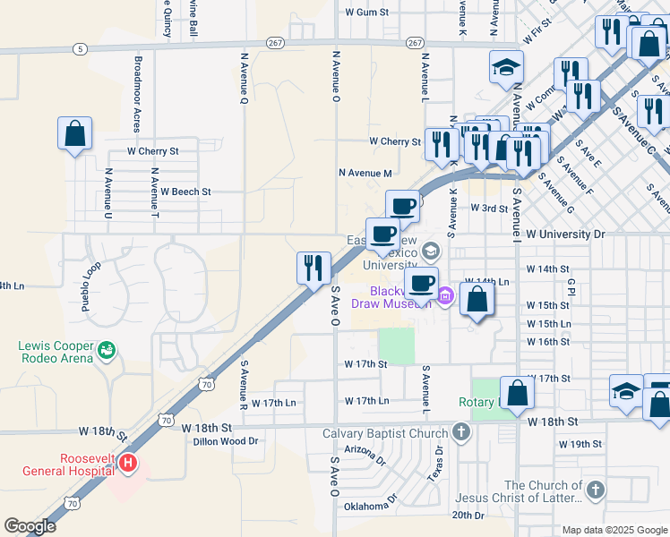 map of restaurants, bars, coffee shops, grocery stores, and more near 1004 South Ave O in Portales