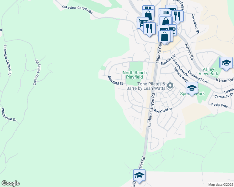 map of restaurants, bars, coffee shops, grocery stores, and more near 5567 Spring Hill Court in Westlake Village