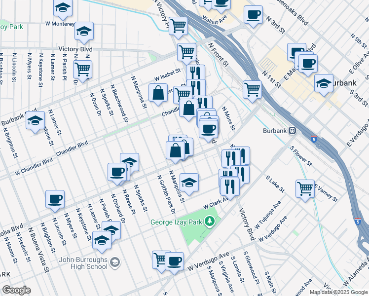 map of restaurants, bars, coffee shops, grocery stores, and more near 426 North Shelton Street in Burbank