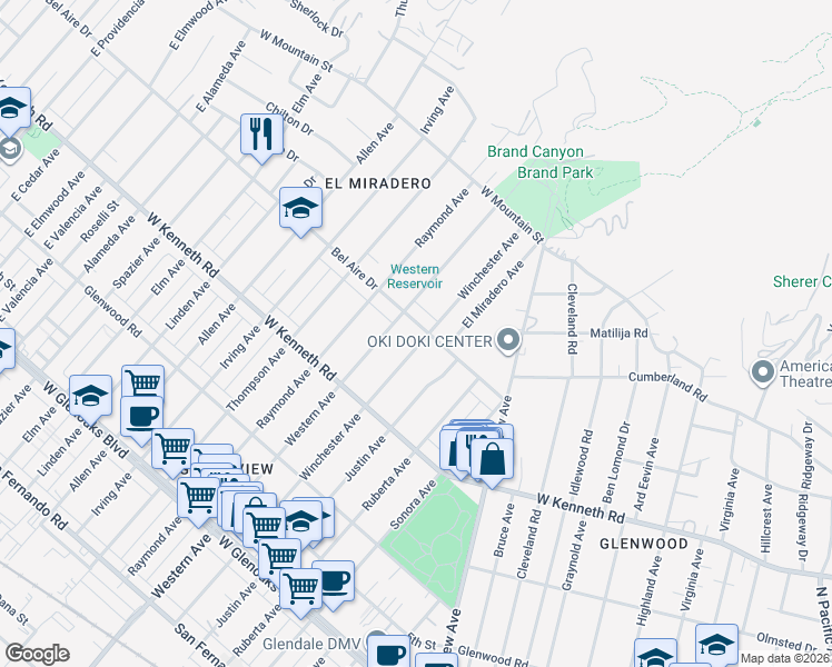 map of restaurants, bars, coffee shops, grocery stores, and more near 1636 Bel Aire Drive in Glendale