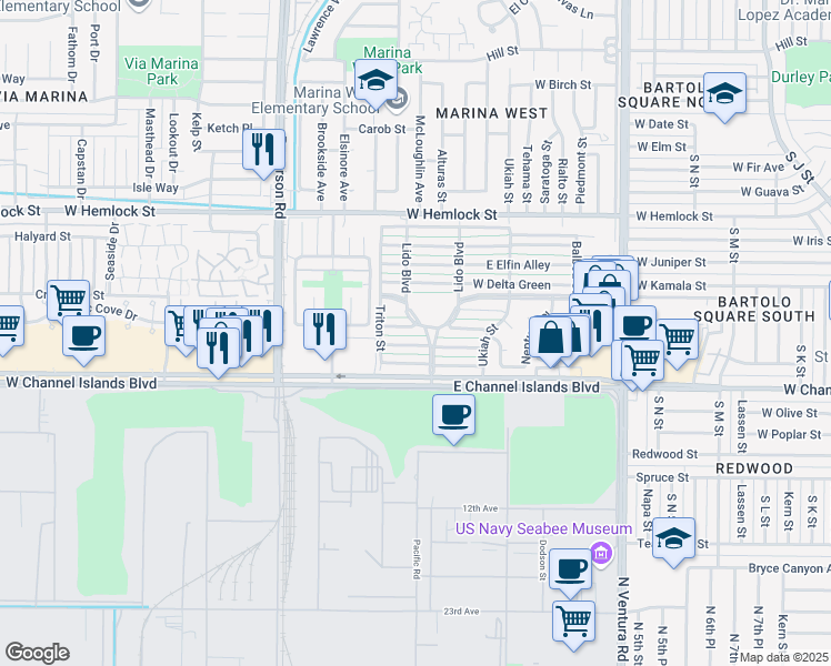 map of restaurants, bars, coffee shops, grocery stores, and more near 125 West Bowling Green in Port Hueneme
