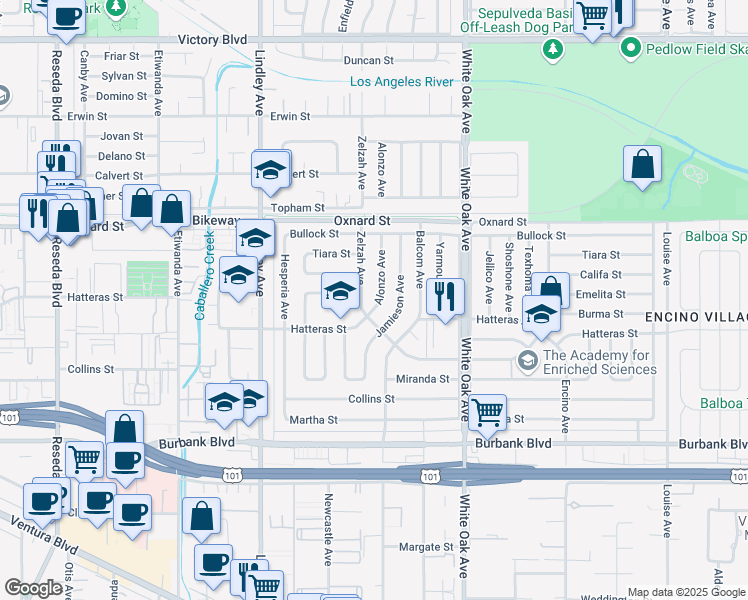 map of restaurants, bars, coffee shops, grocery stores, and more near 5863 Alonzo Avenue in Los Angeles