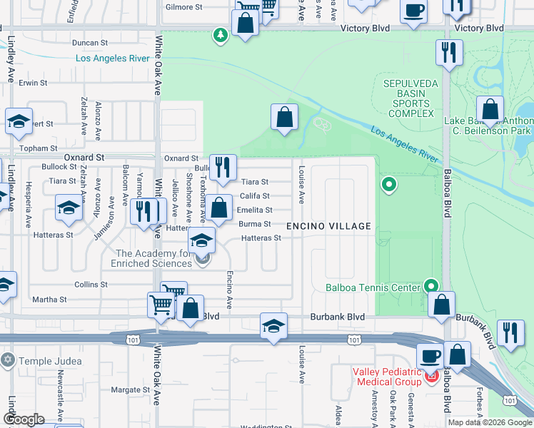 map of restaurants, bars, coffee shops, grocery stores, and more near 17400 Emelita Street in Los Angeles