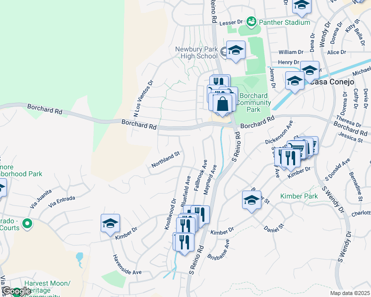 map of restaurants, bars, coffee shops, grocery stores, and more near 42 Knollwood Drive in Thousand Oaks