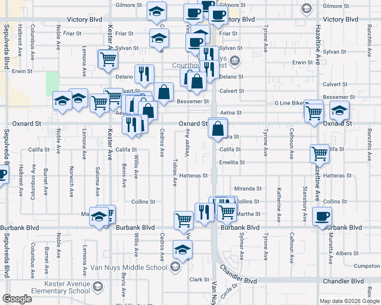 map of restaurants, bars, coffee shops, grocery stores, and more near 5856 Vesper Avenue in Los Angeles