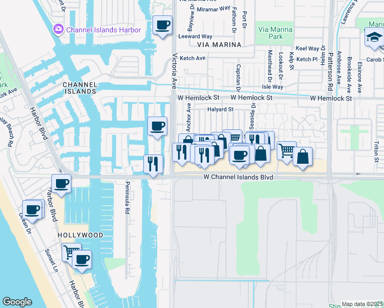 map of restaurants, bars, coffee shops, grocery stores, and more near 2491 Seashore Court in Port Hueneme