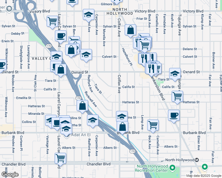 map of restaurants, bars, coffee shops, grocery stores, and more near 11730 Califa Street in Los Angeles