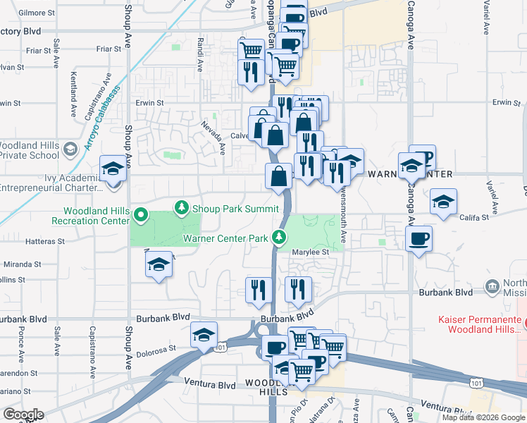 map of restaurants, bars, coffee shops, grocery stores, and more near 5862 Rolling Road in Los Angeles