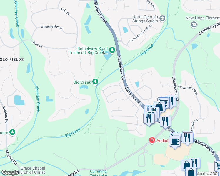 map of restaurants, bars, coffee shops, grocery stores, and more near 5820 Beaver Ridge Drive in Cumming