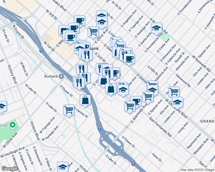 map of restaurants, bars, coffee shops, grocery stores, and more near 156 East Santa Anita Avenue in Burbank