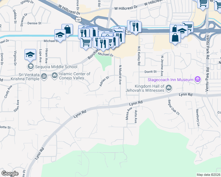 map of restaurants, bars, coffee shops, grocery stores, and more near 2177 Palos Court in Thousand Oaks