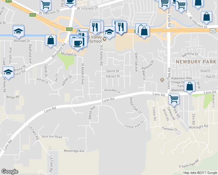 map of restaurants, bars, coffee shops, grocery stores, and more near 76 Karen Place in Thousand Oaks