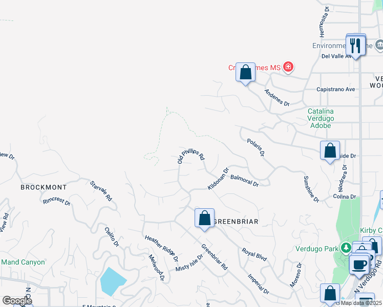 map of restaurants, bars, coffee shops, grocery stores, and more near 1130 Old Phillips Road in Glendale