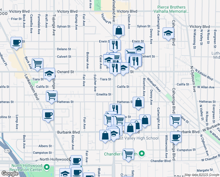 map of restaurants, bars, coffee shops, grocery stores, and more near 11016 Califa Street in Los Angeles