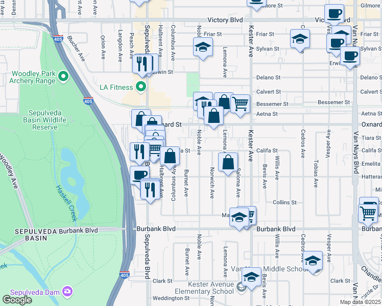 map of restaurants, bars, coffee shops, grocery stores, and more near 5856 Burnet Avenue in Los Angeles