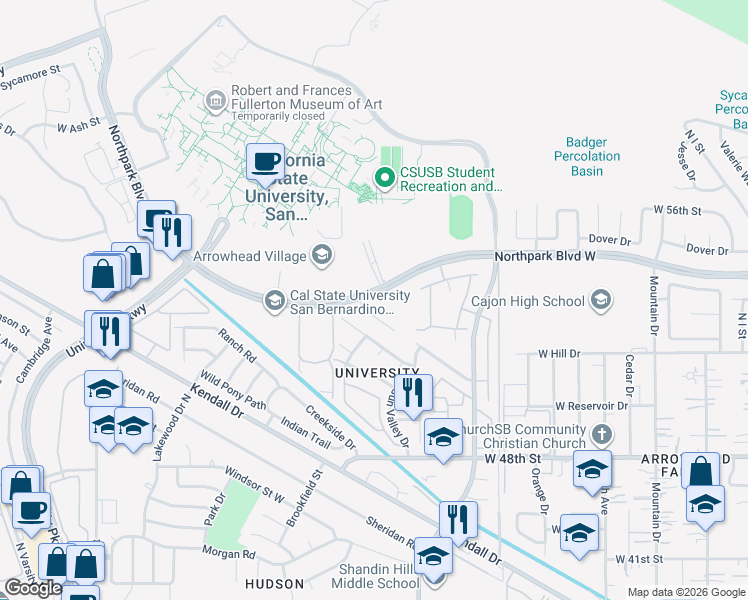 map of restaurants, bars, coffee shops, grocery stores, and more near 5344 Brighton Court in San Bernardino