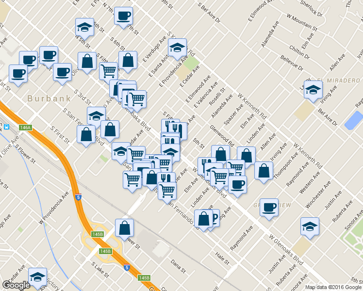 map of restaurants, bars, coffee shops, grocery stores, and more near 1115 Alameda Avenue in Glendale