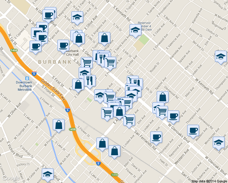 map of restaurants, bars, coffee shops, grocery stores, and more near 303 East Elmwood Avenue in Burbank