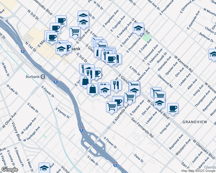 map of restaurants, bars, coffee shops, grocery stores, and more near 231 East Cedar Avenue in Burbank