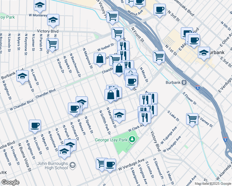 map of restaurants, bars, coffee shops, grocery stores, and more near 426 North Shelton Street in Burbank