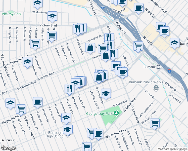 map of restaurants, bars, coffee shops, grocery stores, and more near 538 North Mariposa Street in Burbank