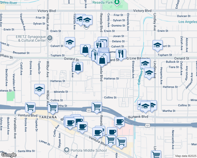 map of restaurants, bars, coffee shops, grocery stores, and more near in Los Angeles