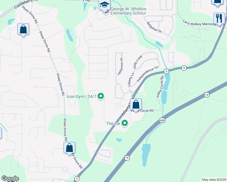 map of restaurants, bars, coffee shops, grocery stores, and more near 1595 Redi Road in Cumming