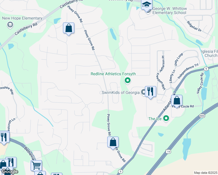 map of restaurants, bars, coffee shops, grocery stores, and more near 5310 Sherwood Way in Cumming