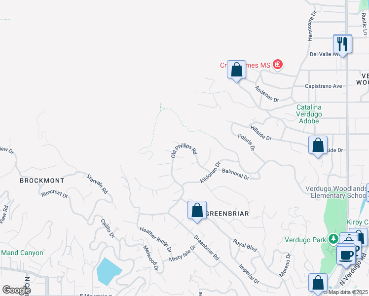 map of restaurants, bars, coffee shops, grocery stores, and more near 1130 Old Phillips Road in Glendale