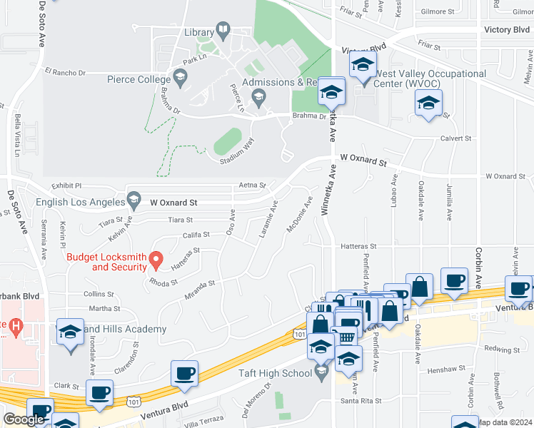 map of restaurants, bars, coffee shops, grocery stores, and more near 5855 Laramie Avenue in Los Angeles