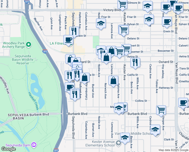 map of restaurants, bars, coffee shops, grocery stores, and more near 5856 Burnet Avenue in Los Angeles