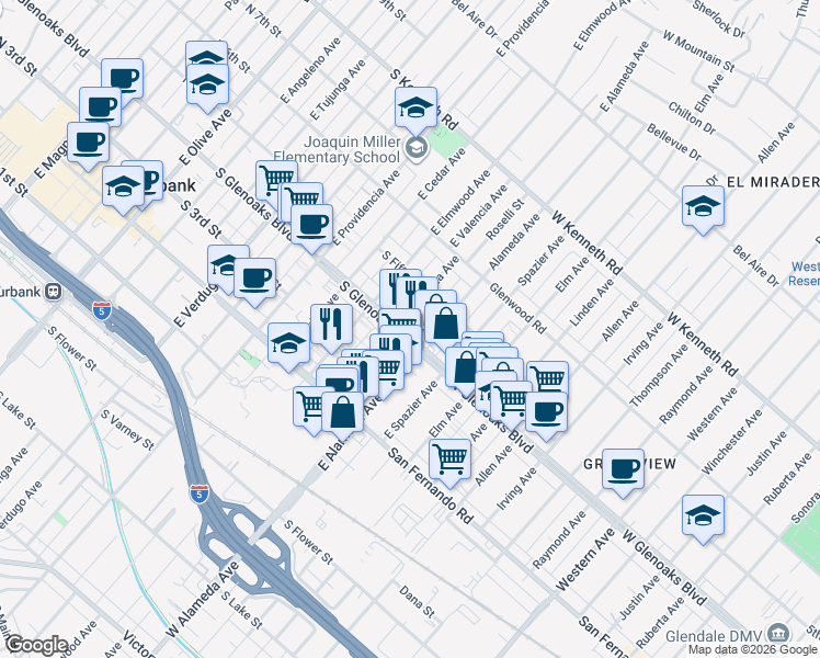 map of restaurants, bars, coffee shops, grocery stores, and more near 910 South Glenoaks Boulevard in Burbank