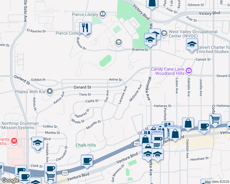 map of restaurants, bars, coffee shops, grocery stores, and more near 5847 Keokuk Avenue in Los Angeles
