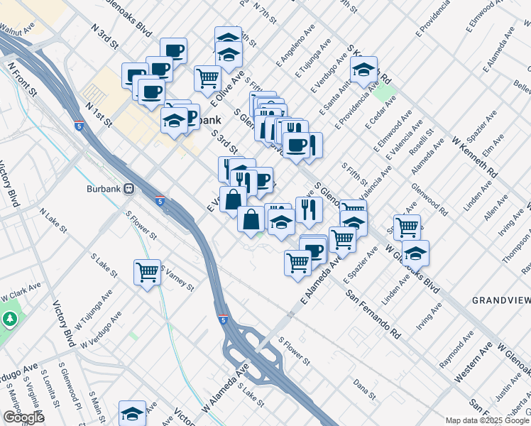 map of restaurants, bars, coffee shops, grocery stores, and more near 214 East Providencia Avenue in Burbank
