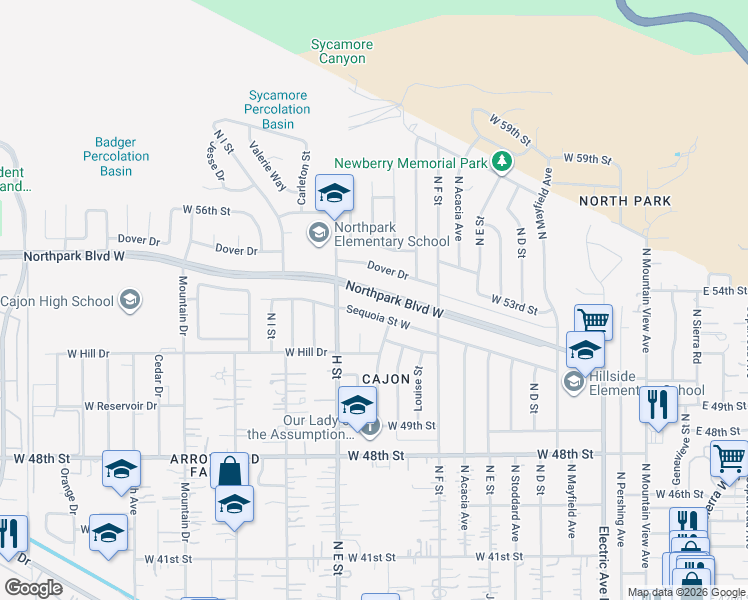 map of restaurants, bars, coffee shops, grocery stores, and more near 725 Northpark Boulevard West in San Bernardino