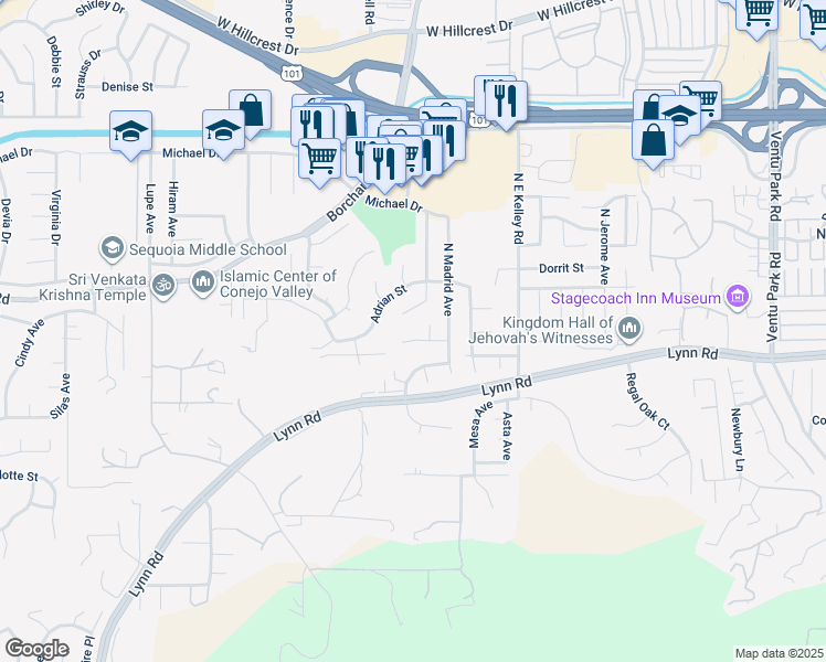 map of restaurants, bars, coffee shops, grocery stores, and more near 2177 Palos Court in Thousand Oaks