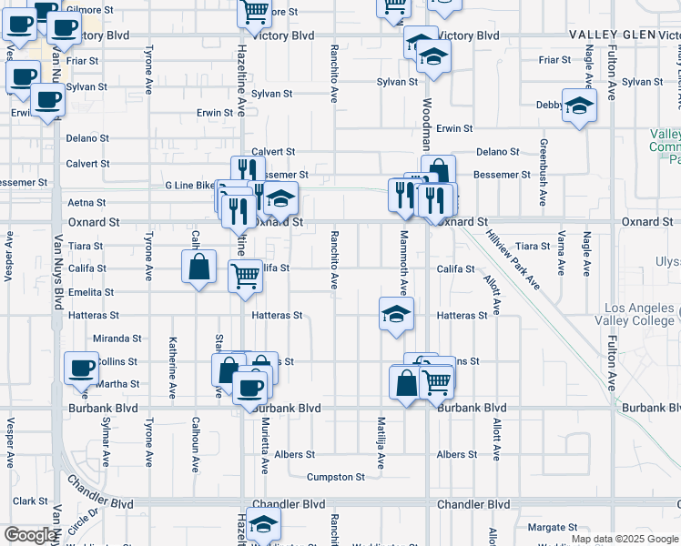 map of restaurants, bars, coffee shops, grocery stores, and more near 5856 Ranchito Avenue in Los Angeles