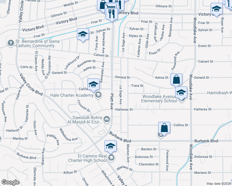 map of restaurants, bars, coffee shops, grocery stores, and more near 23648 Califa Street in Los Angeles
