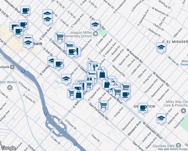 map of restaurants, bars, coffee shops, grocery stores, and more near 1115 Alameda Avenue in Glendale