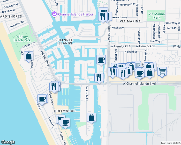 map of restaurants, bars, coffee shops, grocery stores, and more near 4030 Ischia Drive in Oxnard