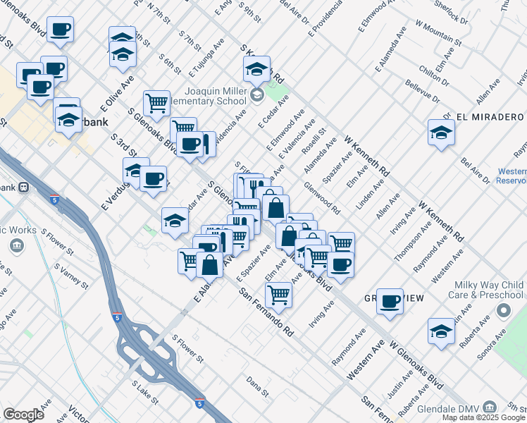 map of restaurants, bars, coffee shops, grocery stores, and more near 1115 Alameda Avenue in Glendale