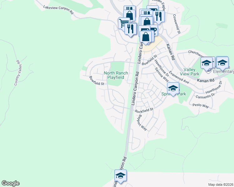 map of restaurants, bars, coffee shops, grocery stores, and more near 5694 Tanner Ridge Avenue in Westlake Village