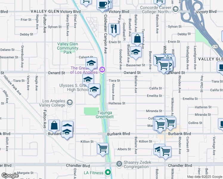 map of restaurants, bars, coffee shops, grocery stores, and more near 5859 Alcove Avenue in Los Angeles