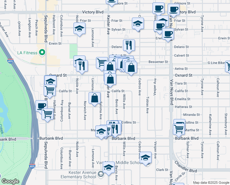 map of restaurants, bars, coffee shops, grocery stores, and more near 5857 Bevis Avenue in Los Angeles