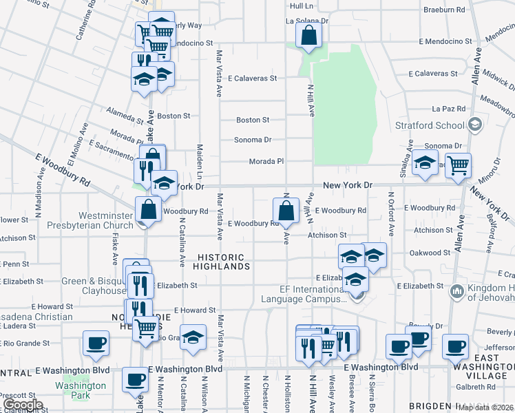 map of restaurants, bars, coffee shops, grocery stores, and more near 1836 North Michigan Avenue in Pasadena